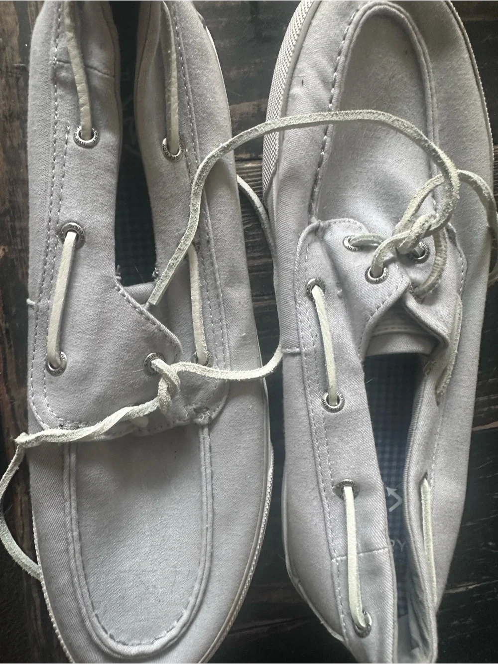 Sperry Light Gray Canvas Boat Shoes with Checkered Insole
